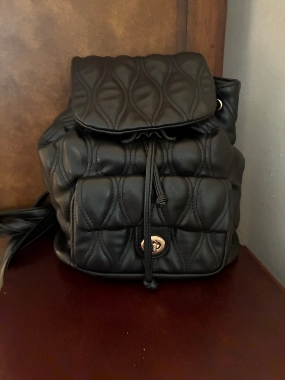 Quilted  BlackDrawstring Backpack with Turn-Lock Pocket -